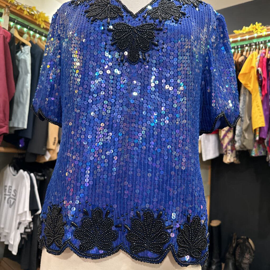 1980s Blue Sequin & Beaded Top