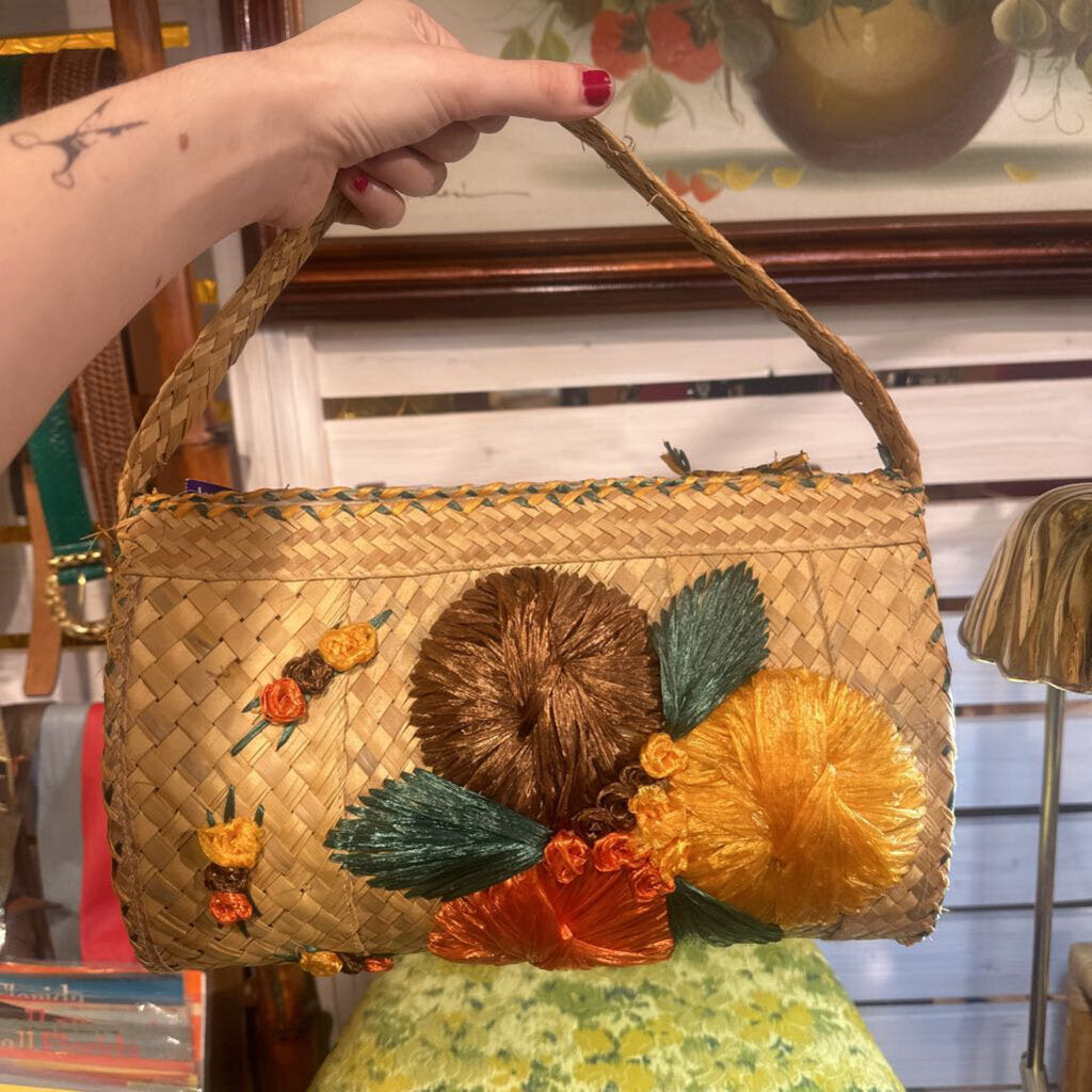 Vintage Floral Motif Straw Handbag