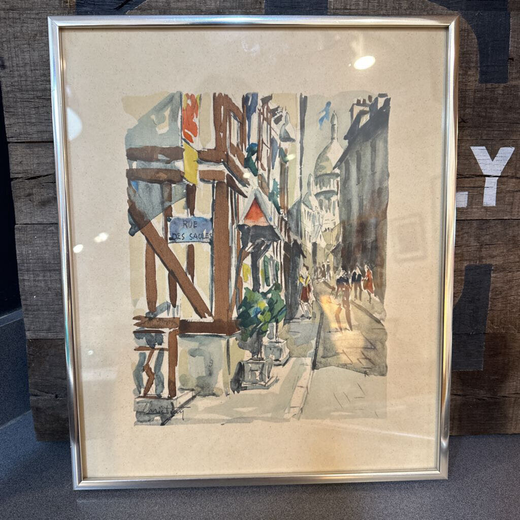 Vintage Framed & Signed Watercolor of Rue Des Saules in Paris