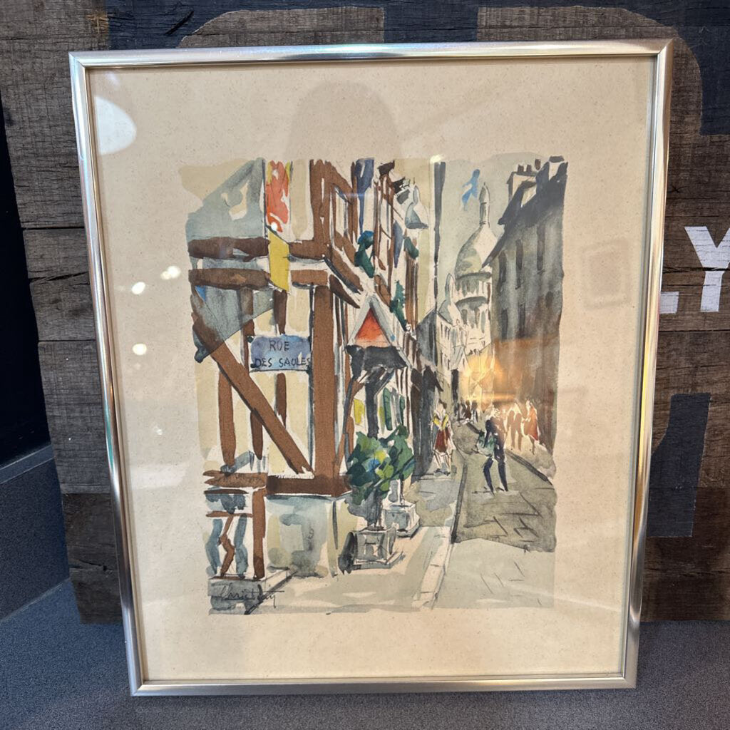 Vintage Framed & Signed Watercolor of Rue Des Saules in Paris