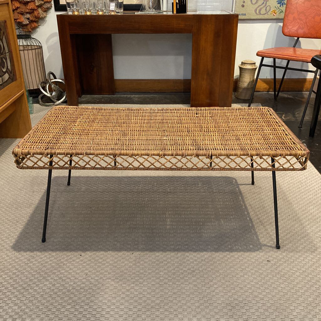 Mid Century Modern Danny Ho Fong Attributed Wicker and Iron Cocktail Table - MidModMom