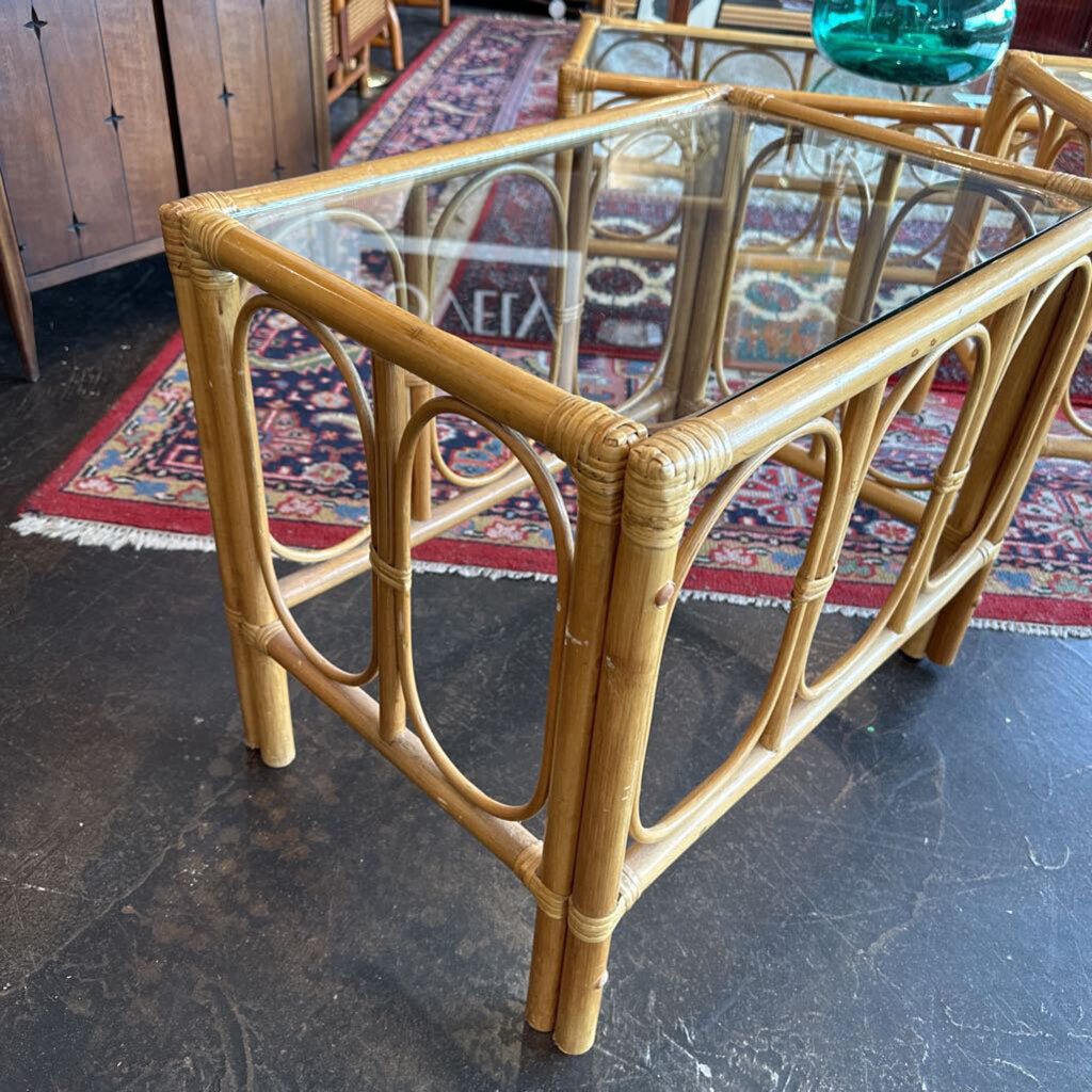 Vintage Rattan End Table with Glass Top