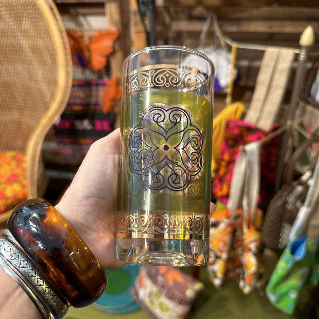 Mid Century Modern Green & Gold Glass Set