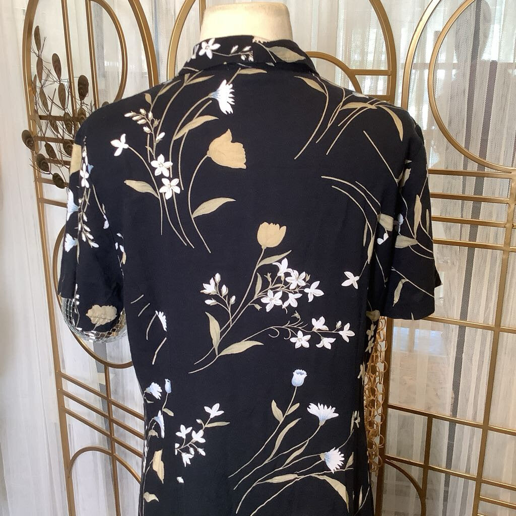 1990s Black Floral Midi Dress