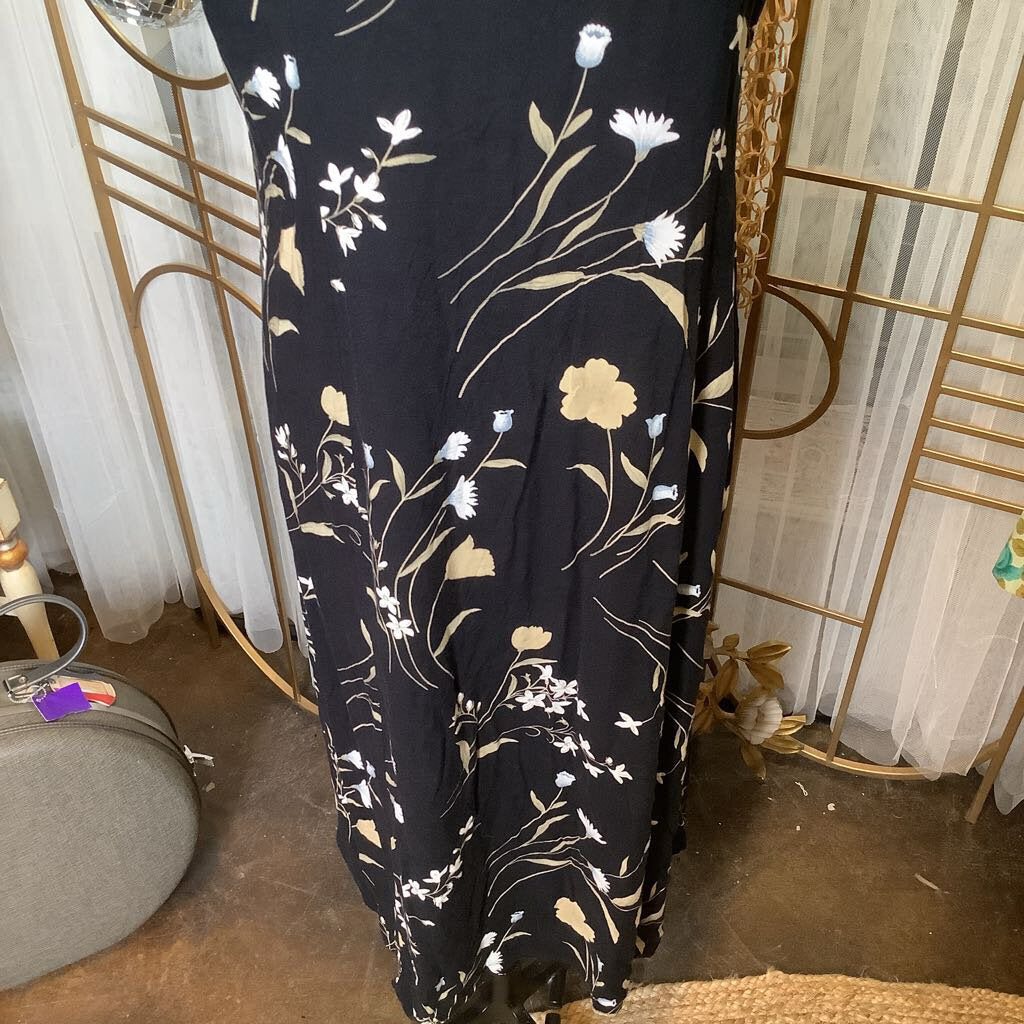 1990s Black Floral Midi Dress