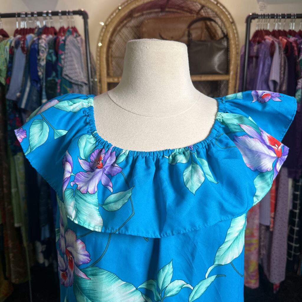 1980s Blue Hawaiian Dress