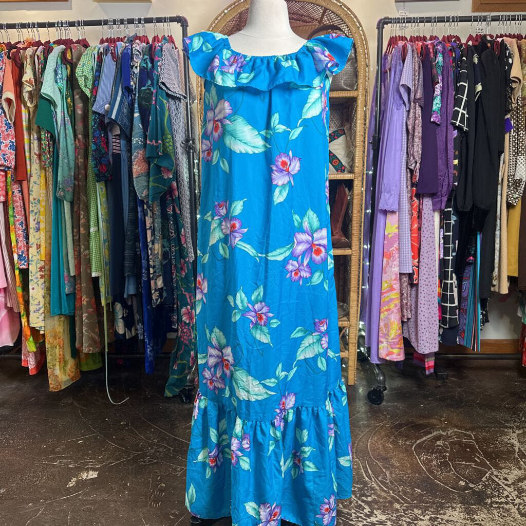 1980s Blue Hawaiian Dress