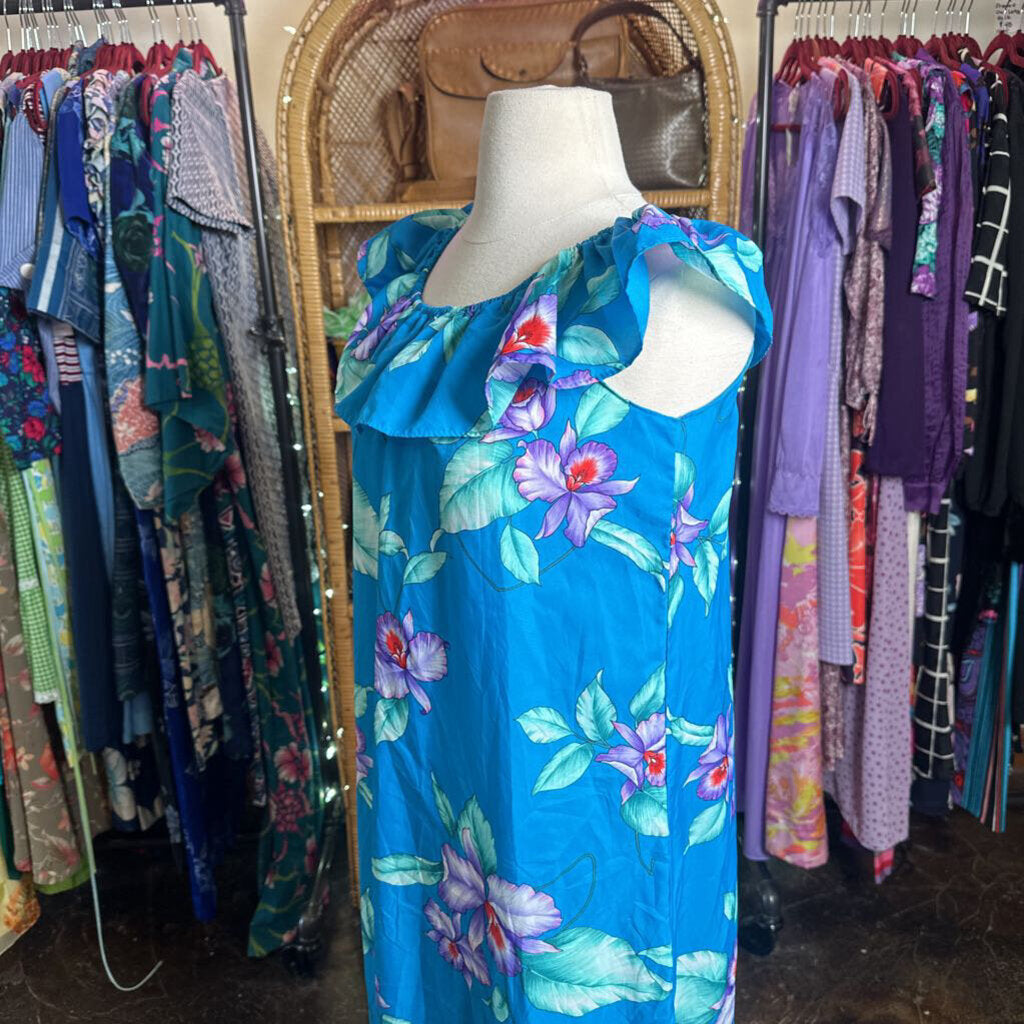 1980s Blue Hawaiian Dress