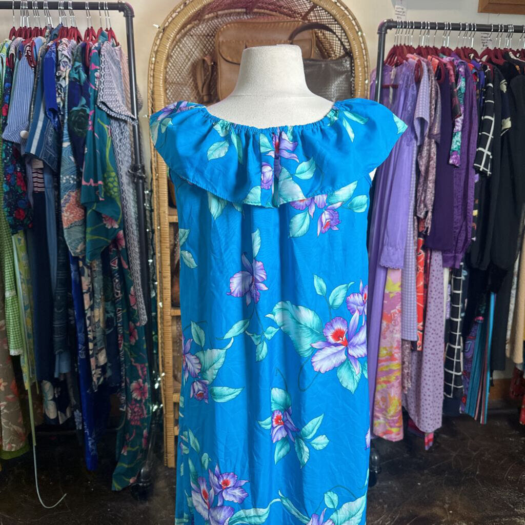 1980s Blue Hawaiian Dress