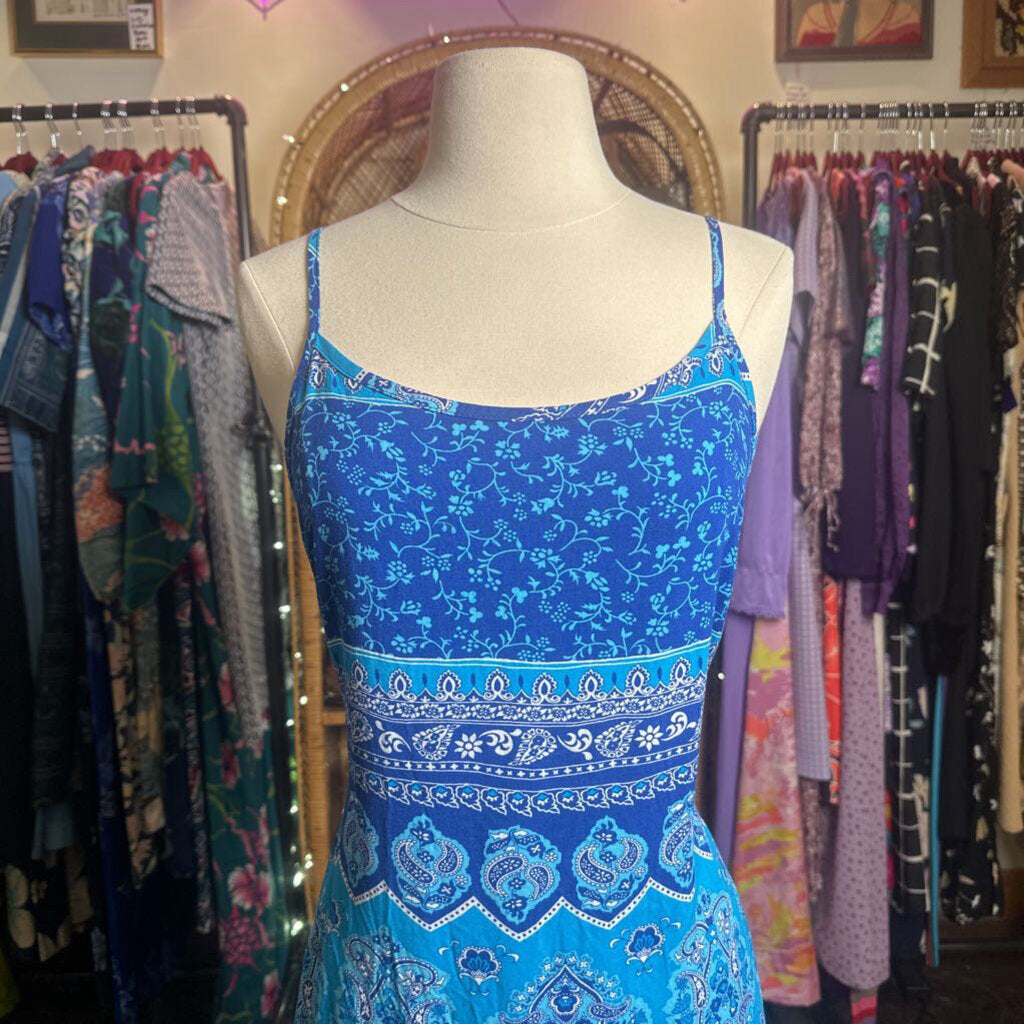1990s Blue Paisley Midi Dress