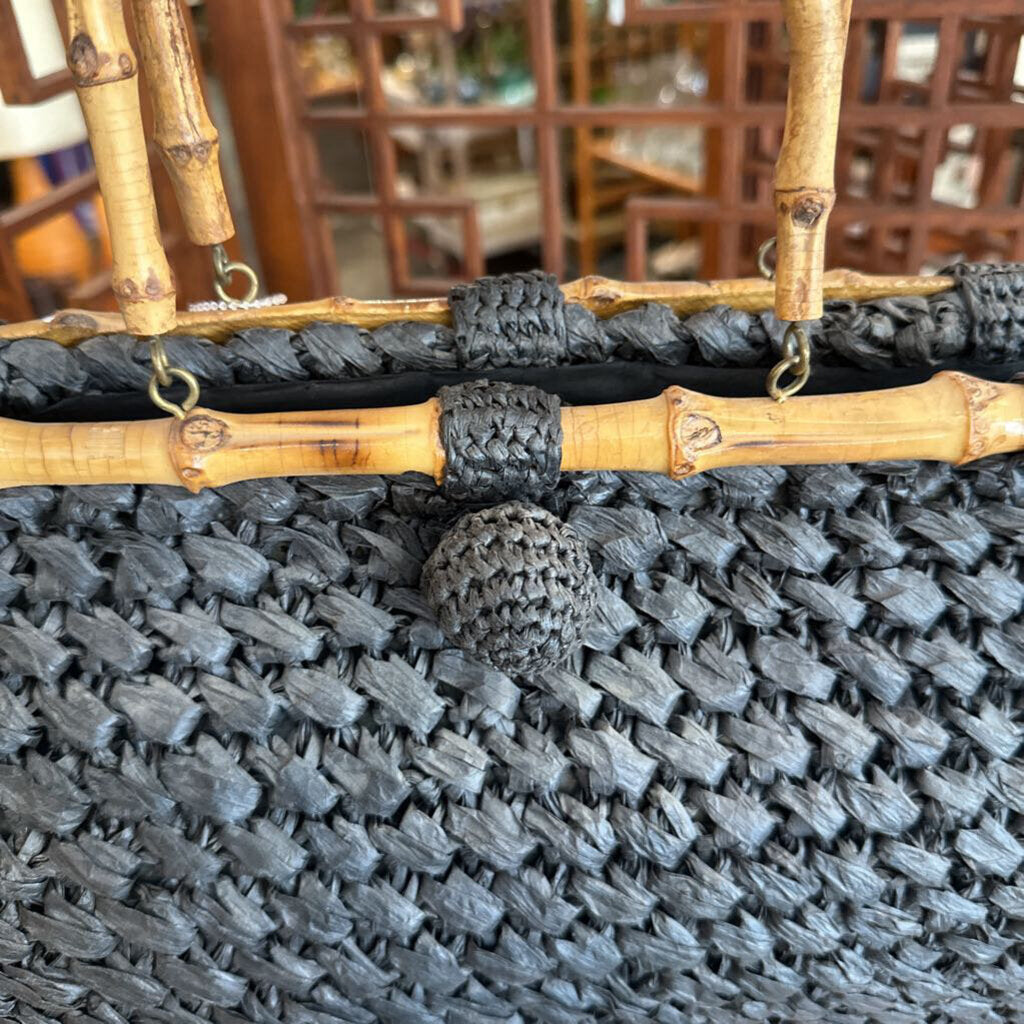 Vintage Woven Black Handbag w/ Bamboo Handles