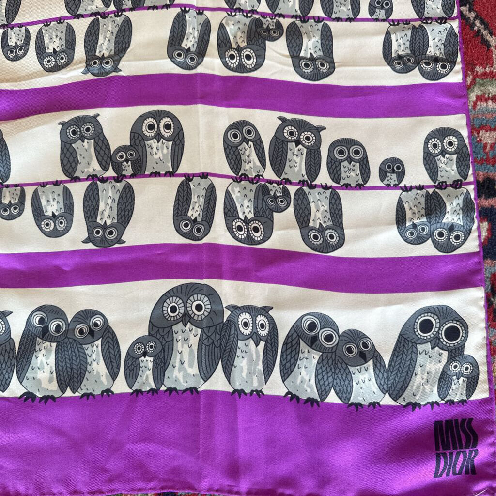 Vintage Authentic Miss Dior Silk Owl Scarf