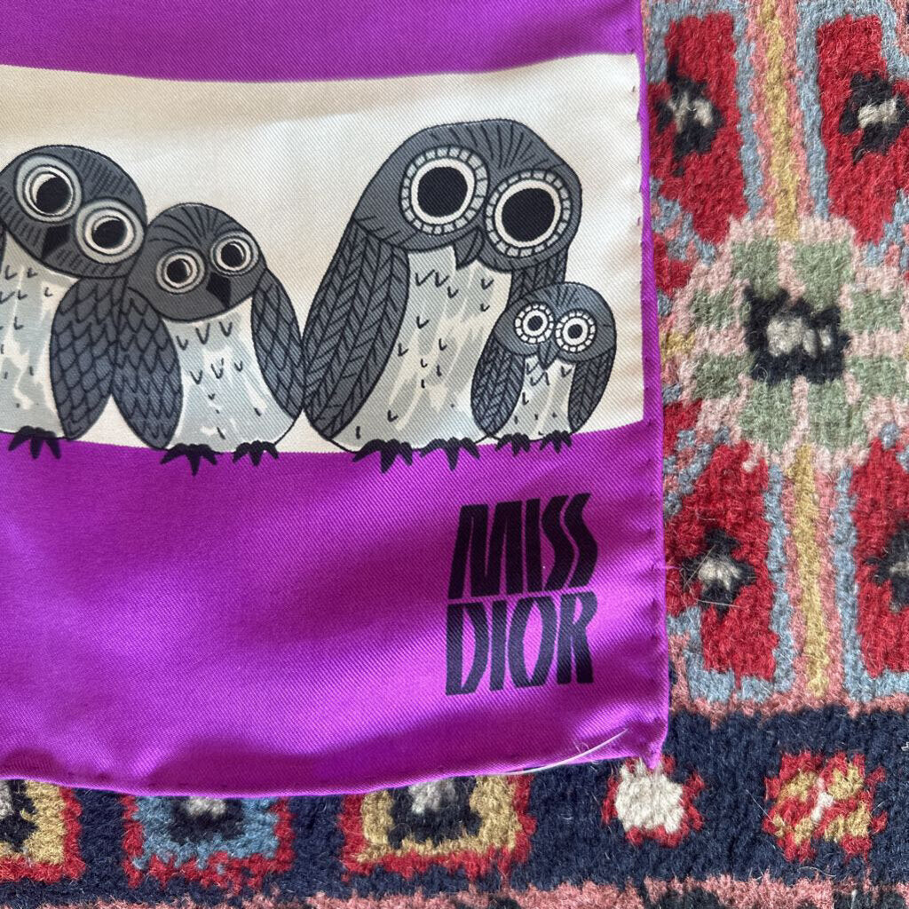 Vintage Authentic Miss Dior Silk Owl Scarf