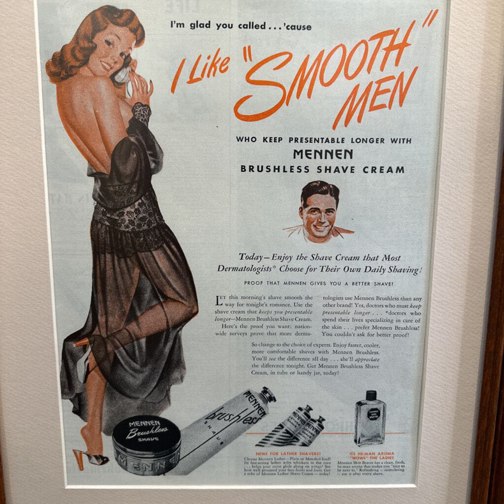 Framed & Matted 1940s Pinup Mennen Shaving Cream Ad