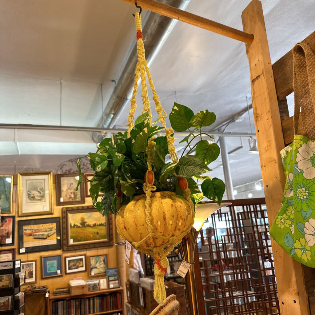 Vintage Yellow Spec Planter w/ Silk Plant & Macrame Hanger