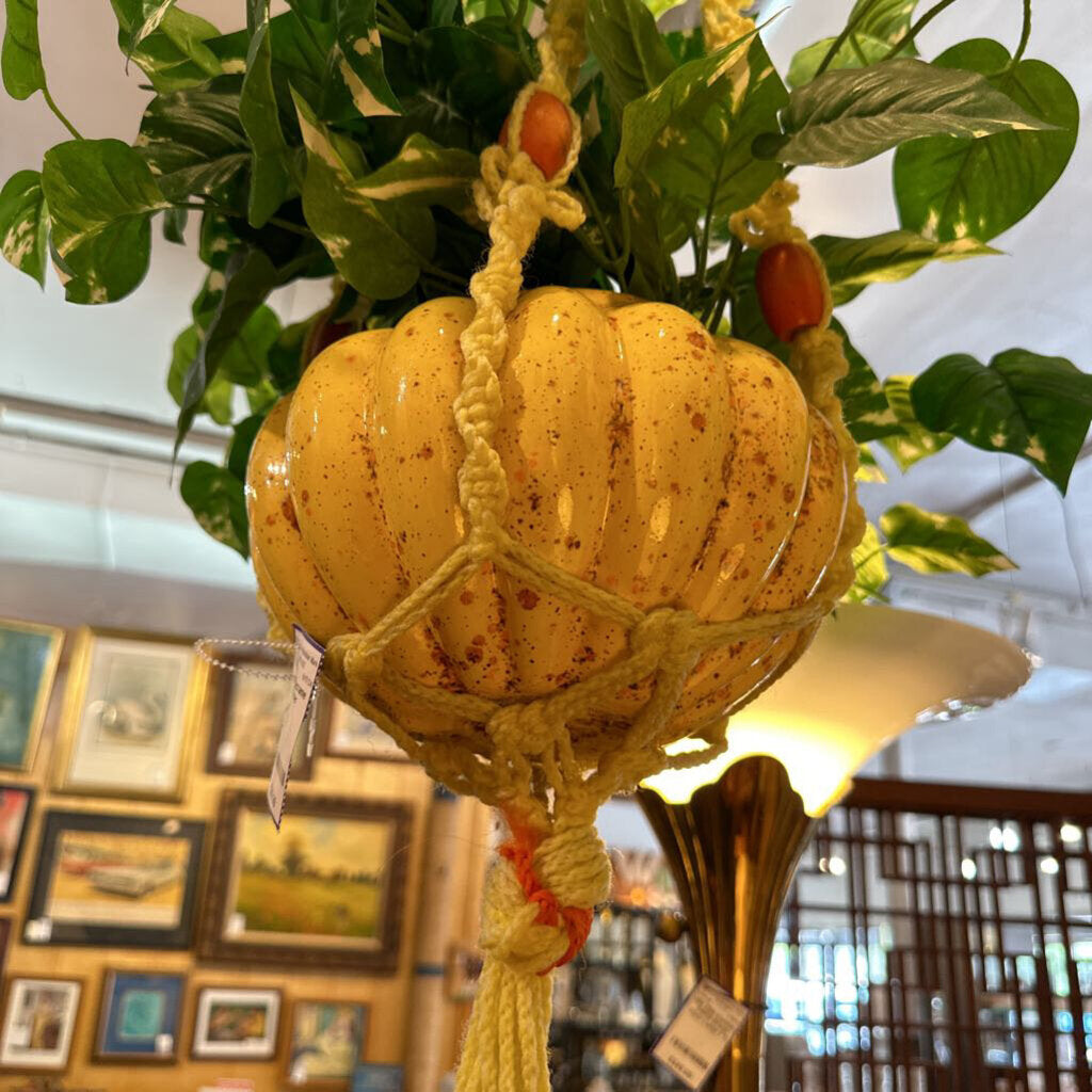 Vintage Yellow Spec Planter w/ Silk Plant & Macrame Hanger