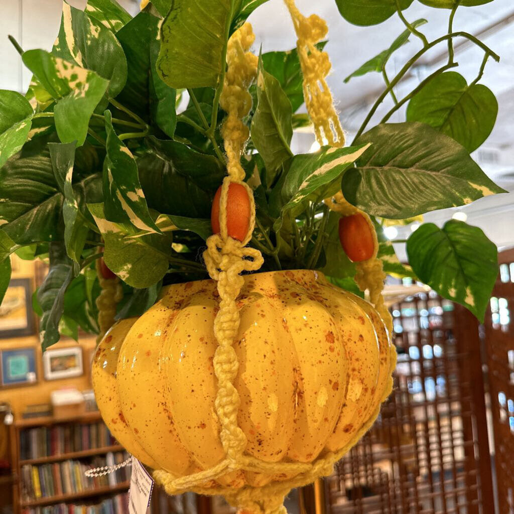 Vintage Yellow Spec Planter w/ Silk Plant & Macrame Hanger