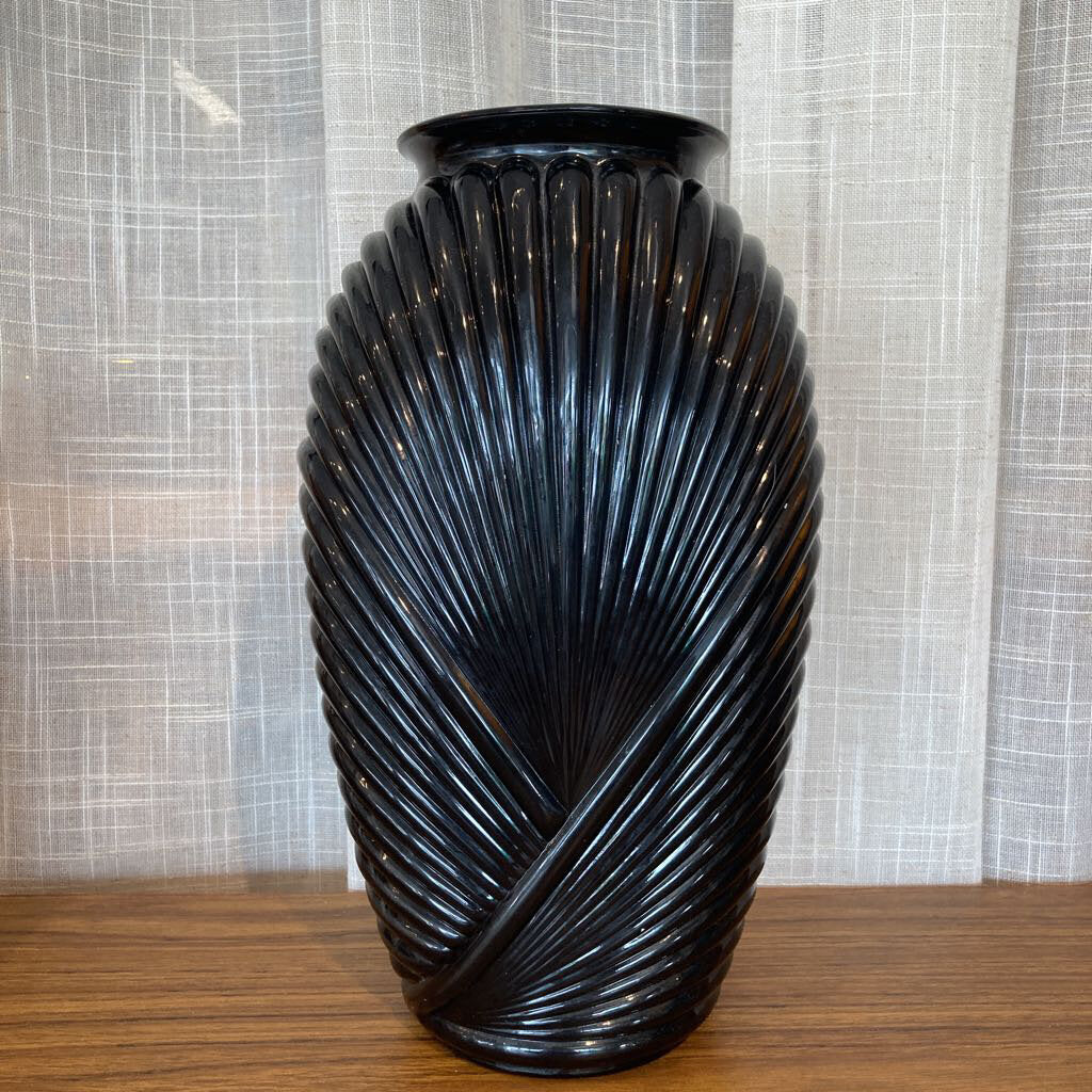 80s Anchor Hocking Art Deco Draped Ribbed Pleated Glass Pillow Vase