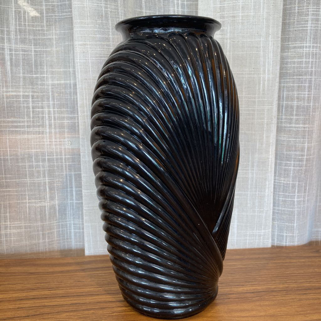 80s Anchor Hocking Art Deco Draped Ribbed Pleated Glass Pillow Vase