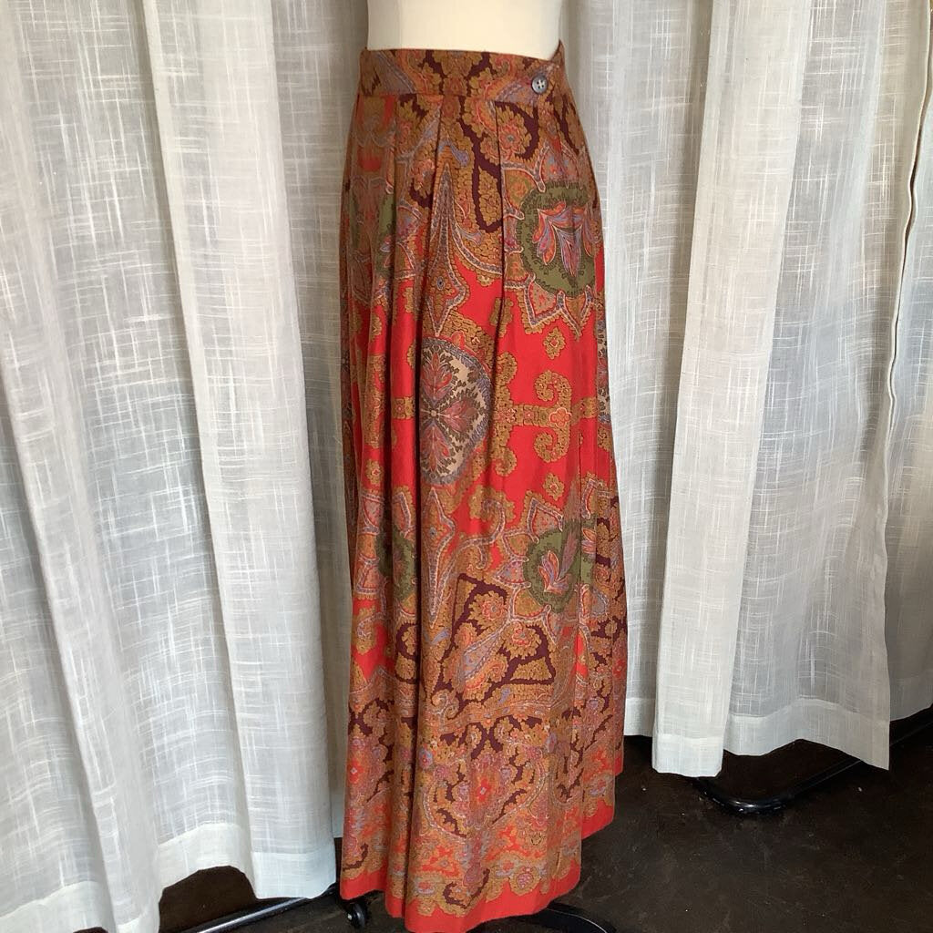 1990s Banana Republic Red Paisley Midi Skirt