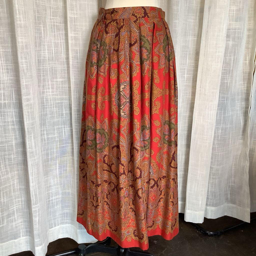 1990s Banana Republic Red Paisley Midi Skirt