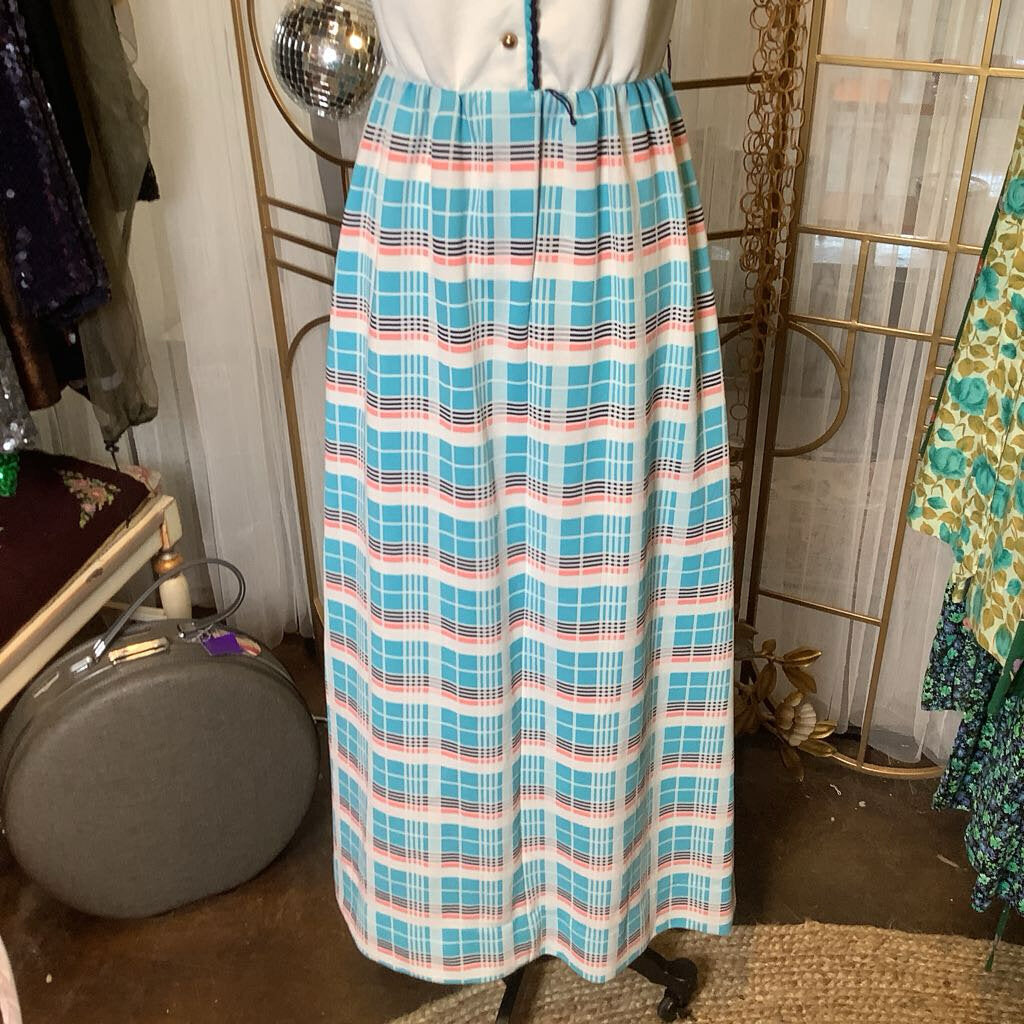 1970s White Plaid Maxi Dress