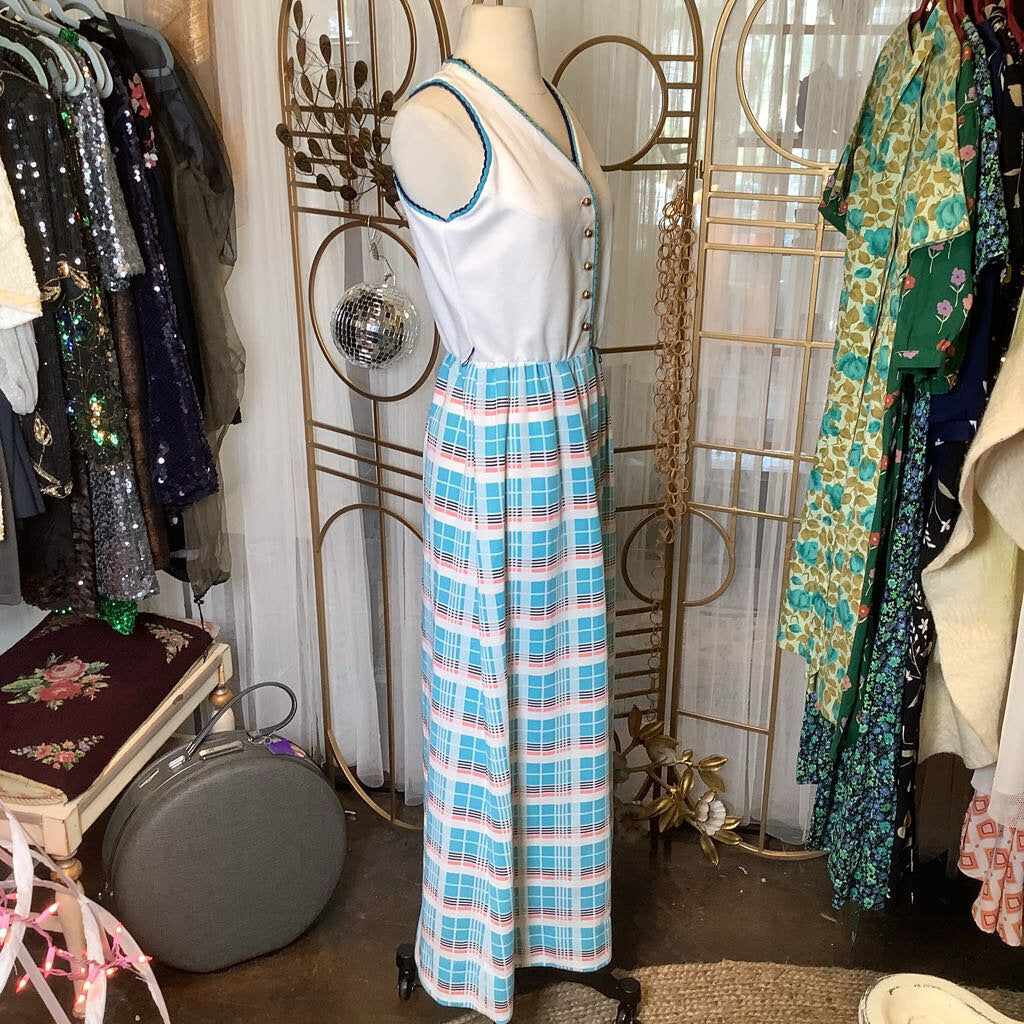 1970s White Plaid Maxi Dress