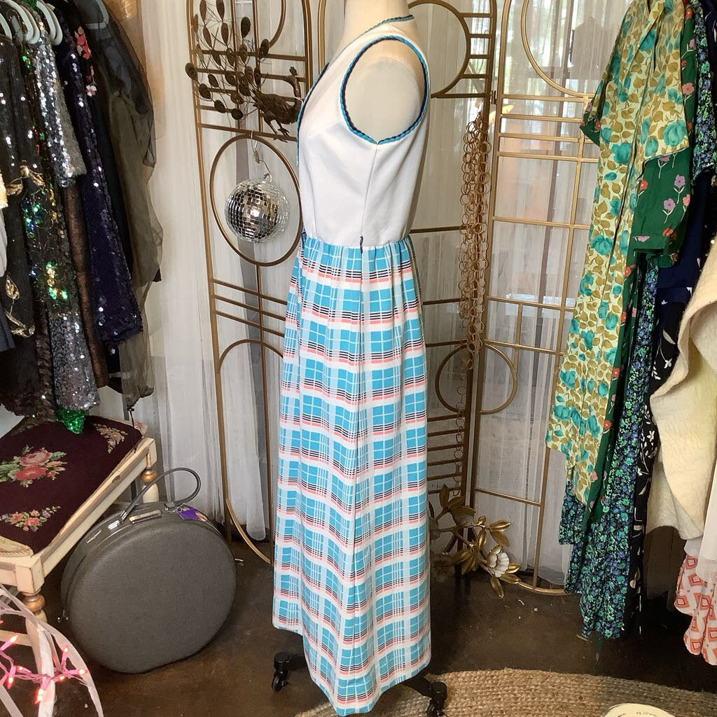 1970s White Plaid Maxi Dress