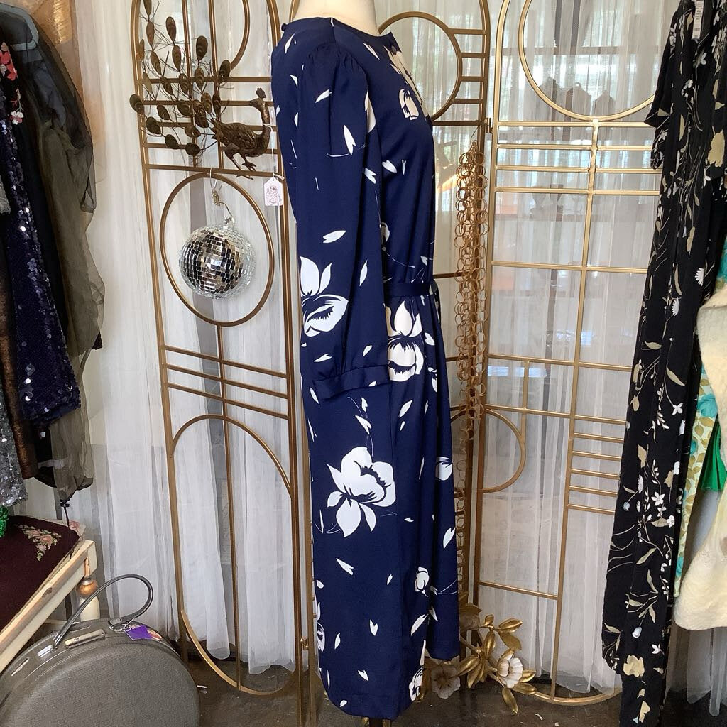 1970s Navy and White Floral Dress with Belt