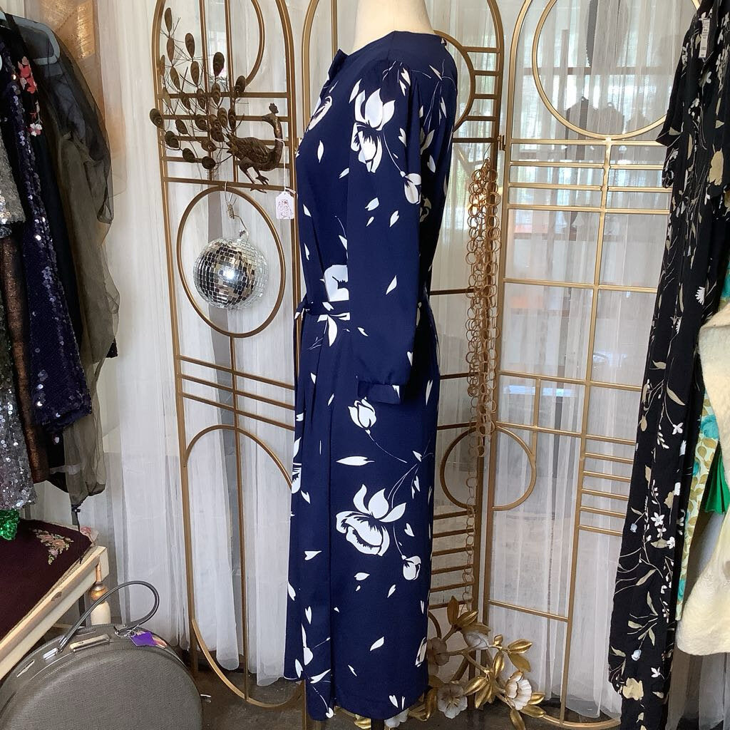 1970s Navy and White Floral Dress with Belt