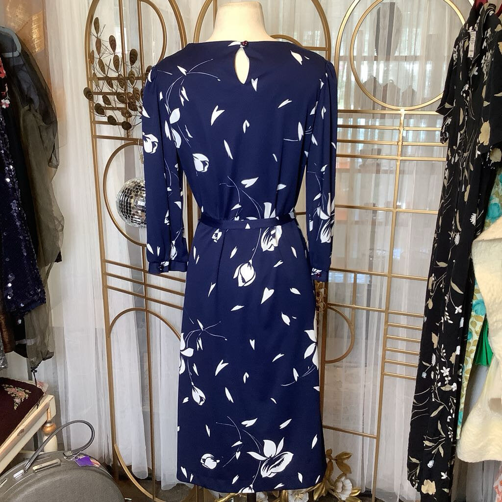 1970s Navy and White Floral Dress with Belt