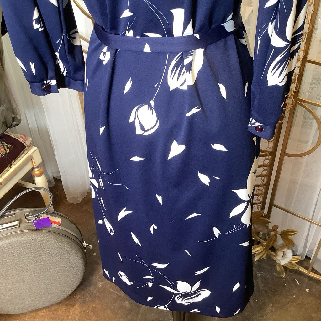 1970s Navy and White Floral Dress with Belt