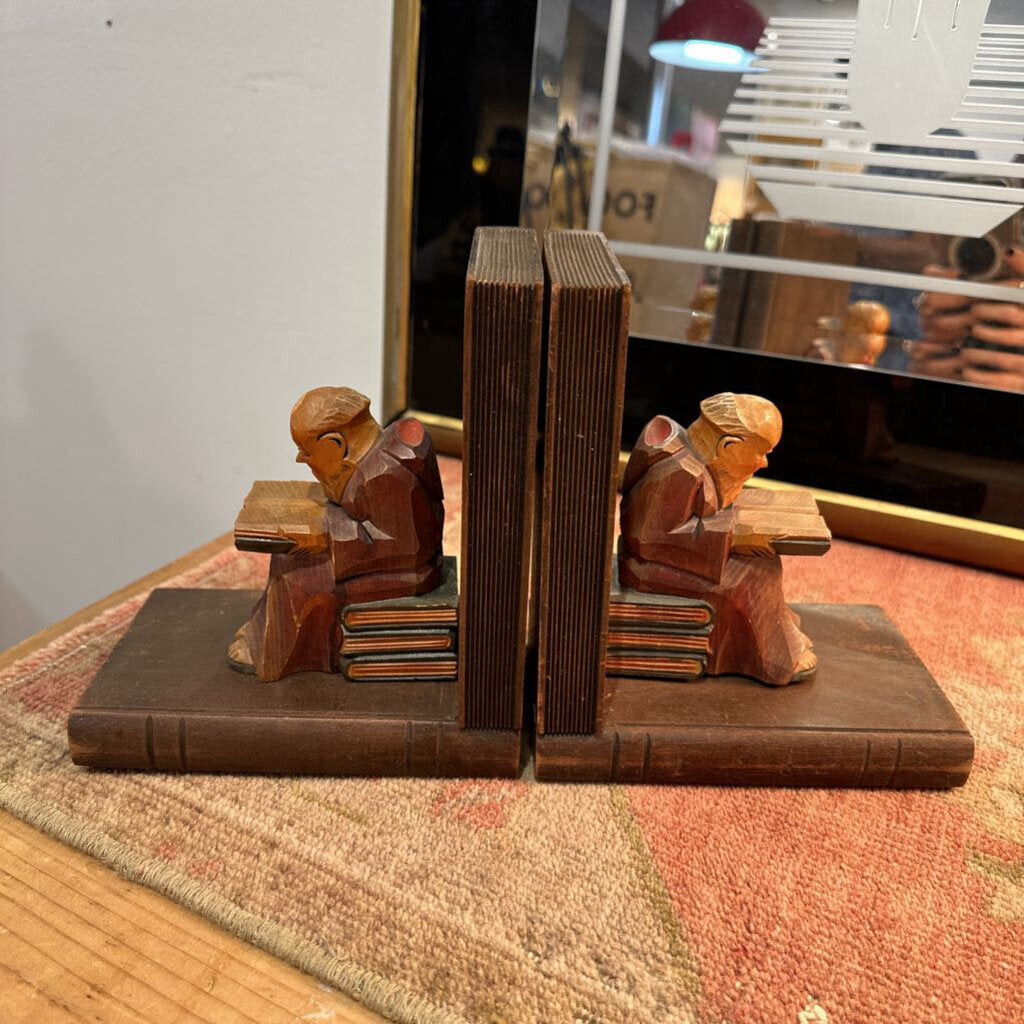 Hand Carved Wood Monk Bookends