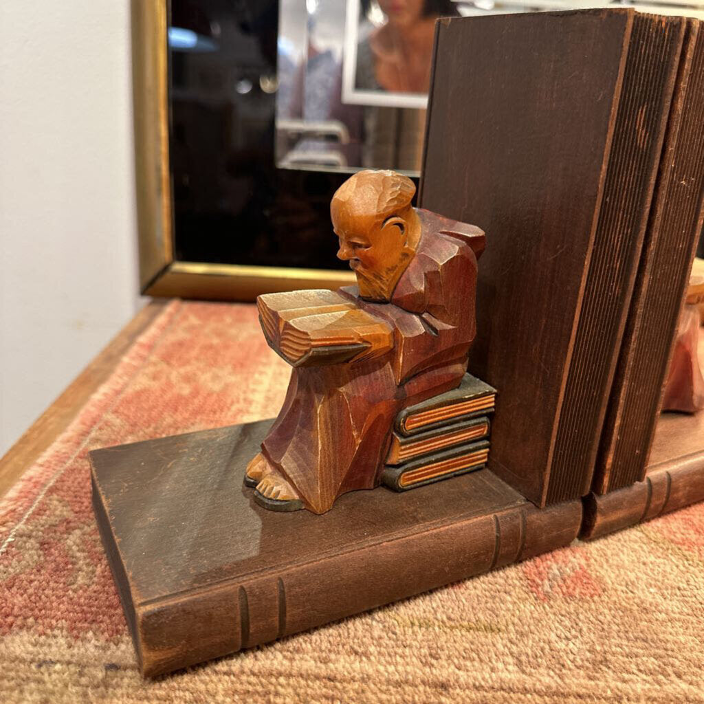 Hand Carved Wood Monk Bookends