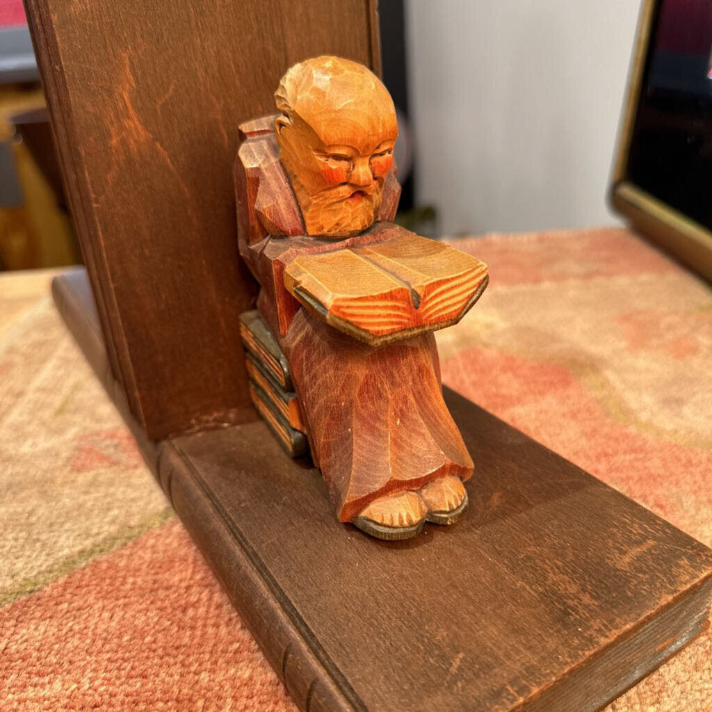 Hand Carved Wood Monk Bookends