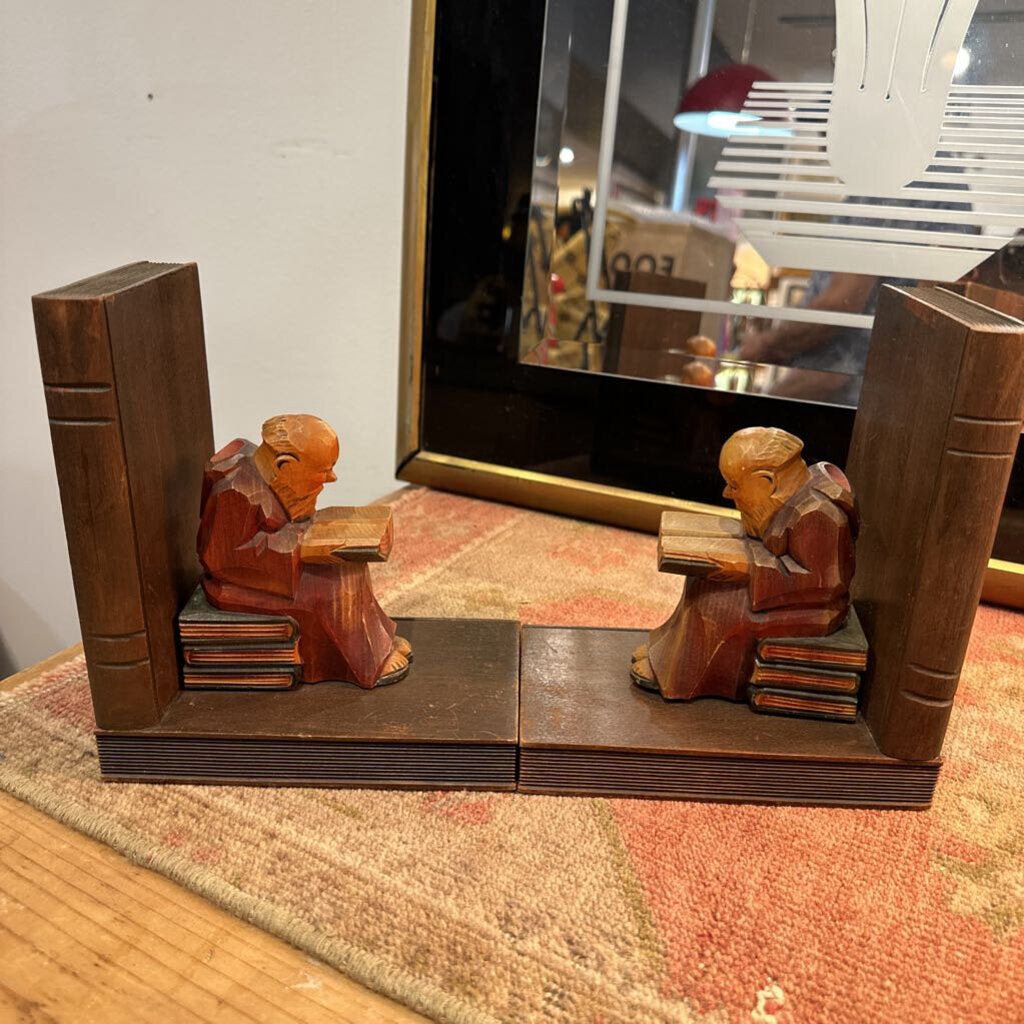 Hand Carved Wood Monk Bookends