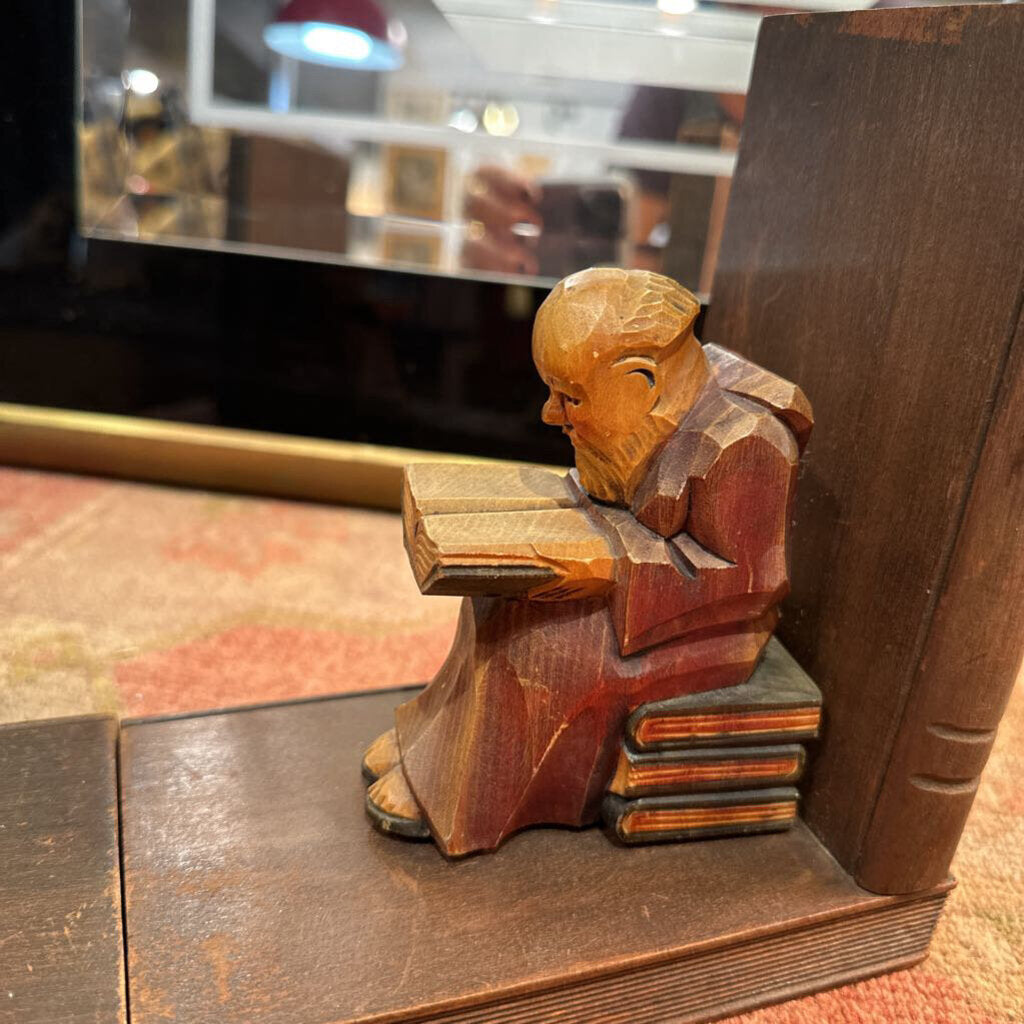 Hand Carved Wood Monk Bookends