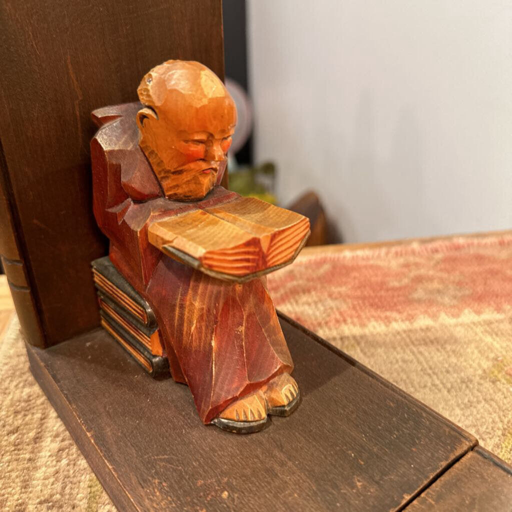 Hand Carved Wood Monk Bookends