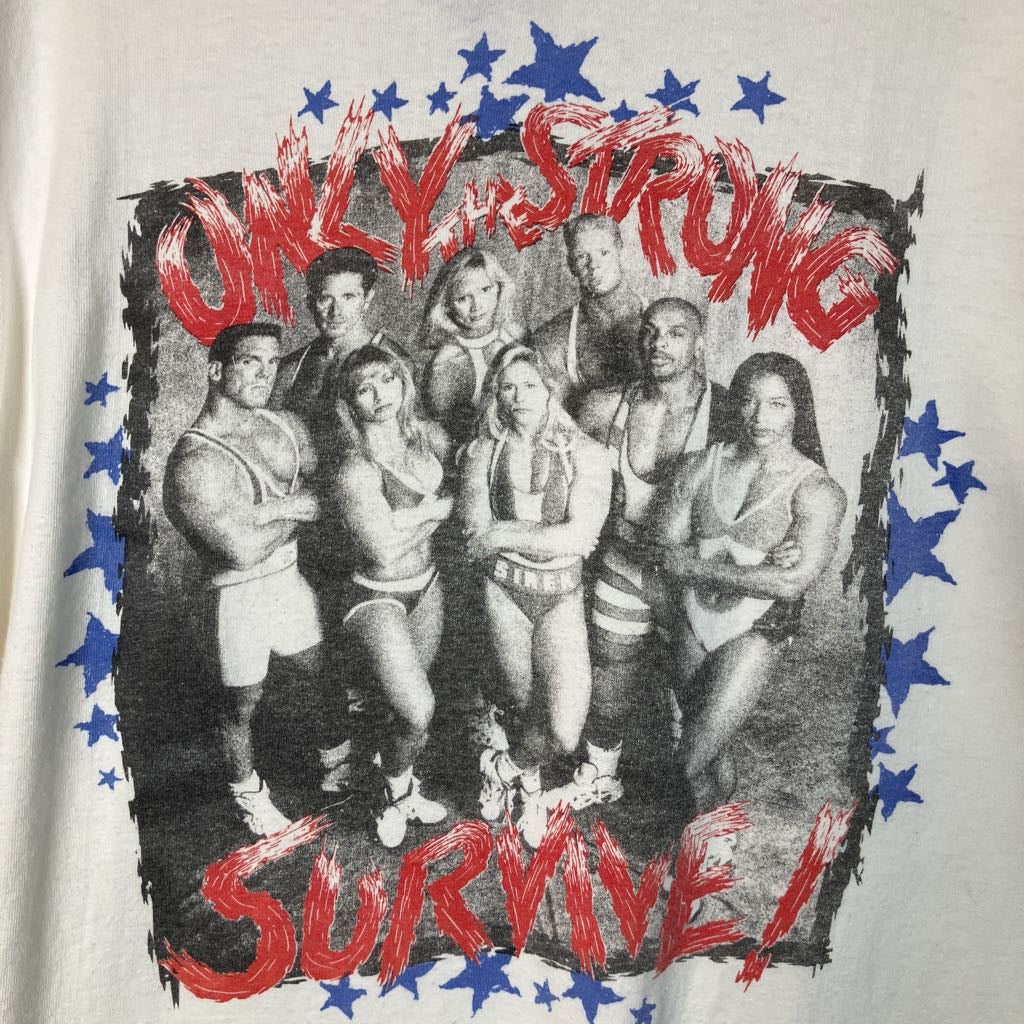 Vintage-style graphic with text 'Only the Strong Survive!' and black-and-white images of people on a white background.