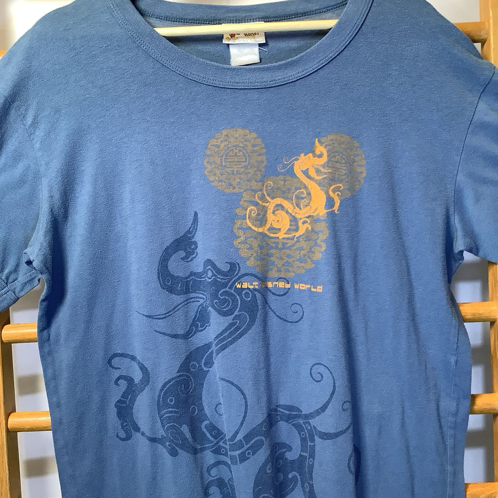 Blue t-shirt with dragon design on a wooden rack