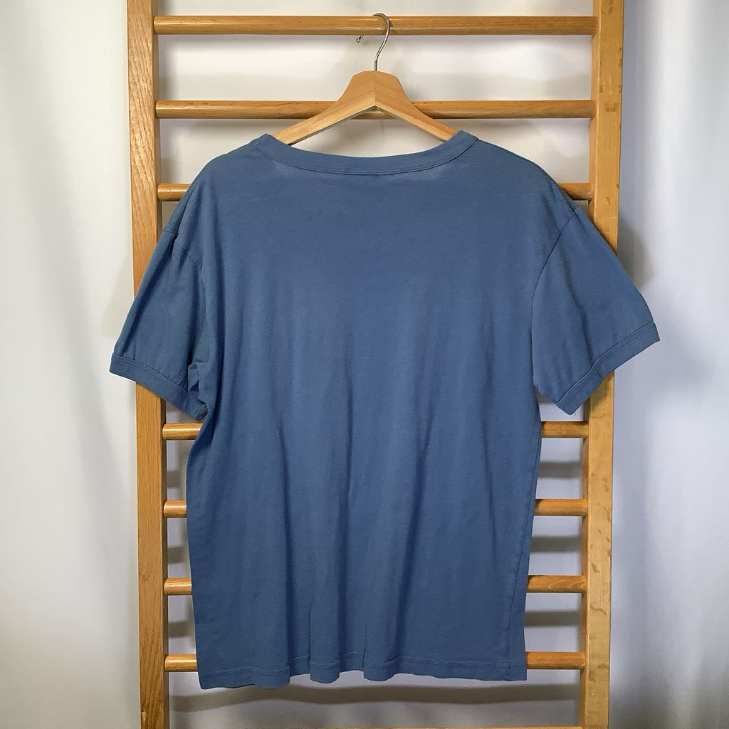 Blue t-shirt on a wooden hanger against a neutral background