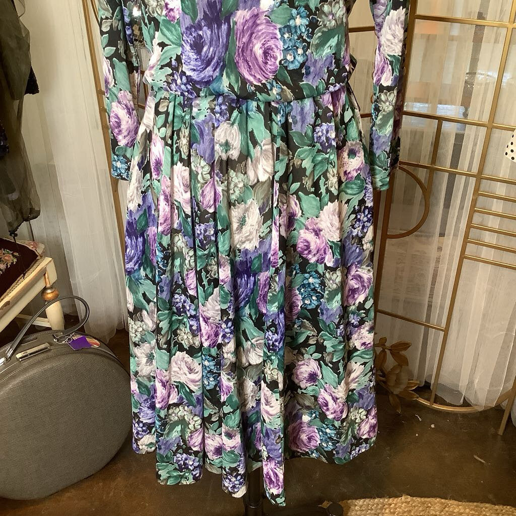 1980s Purple Green Floral Dress