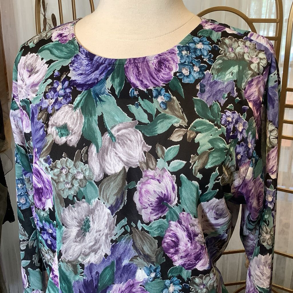 1980s Purple Green Floral Dress