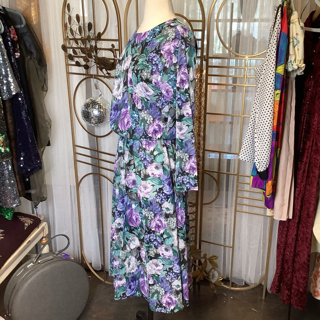 1980s Purple Green Floral Dress