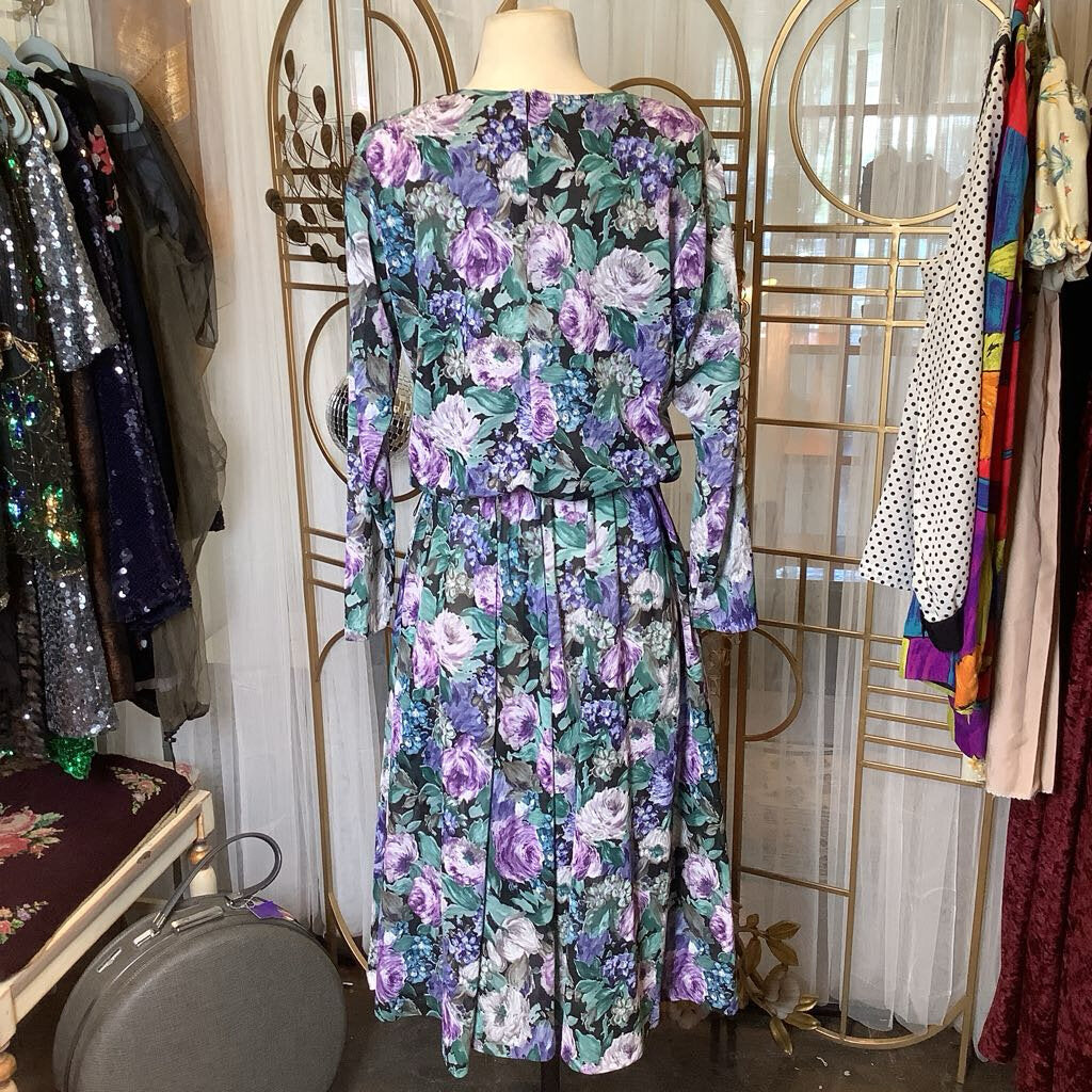 1980s Purple Green Floral Dress