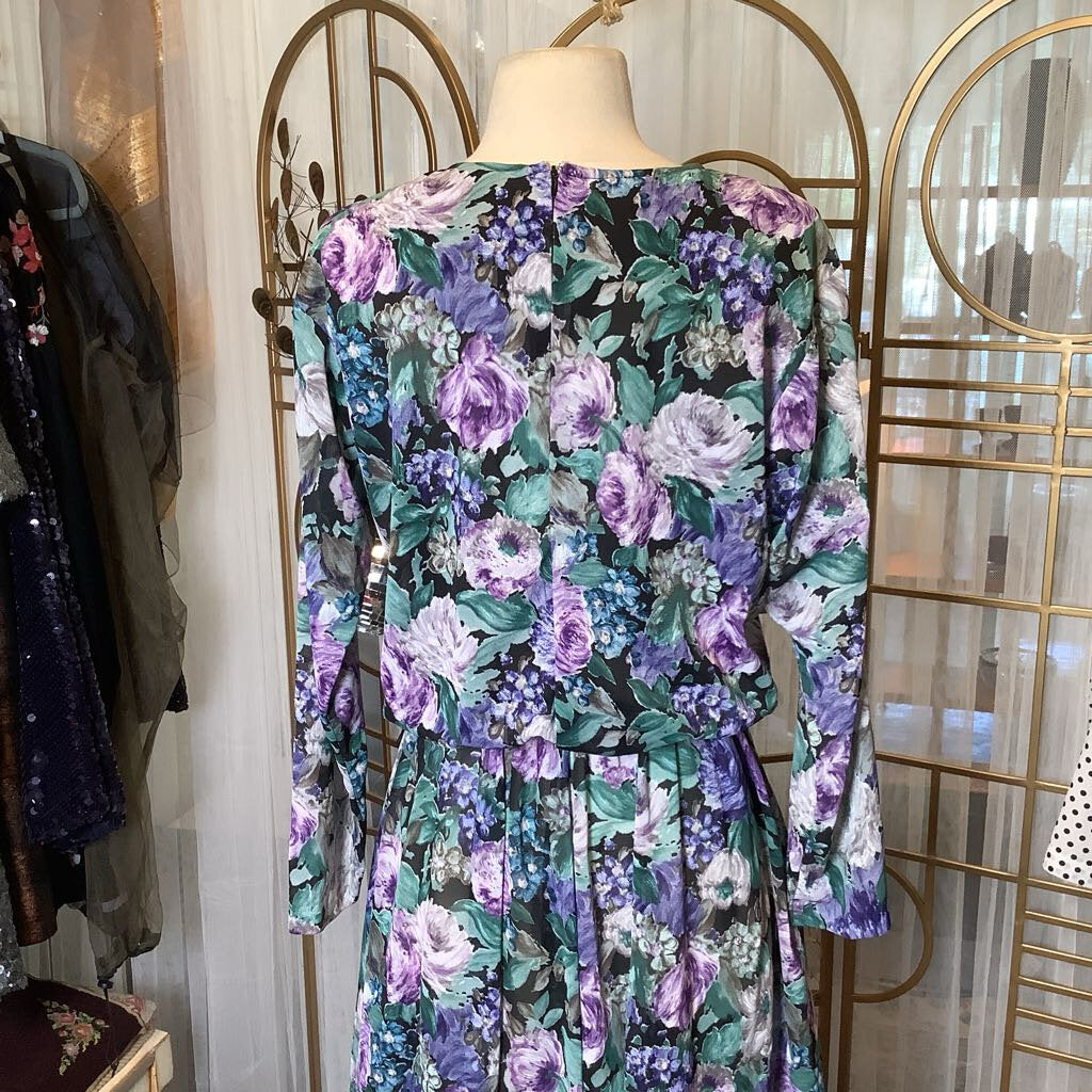 1980s Purple Green Floral Dress