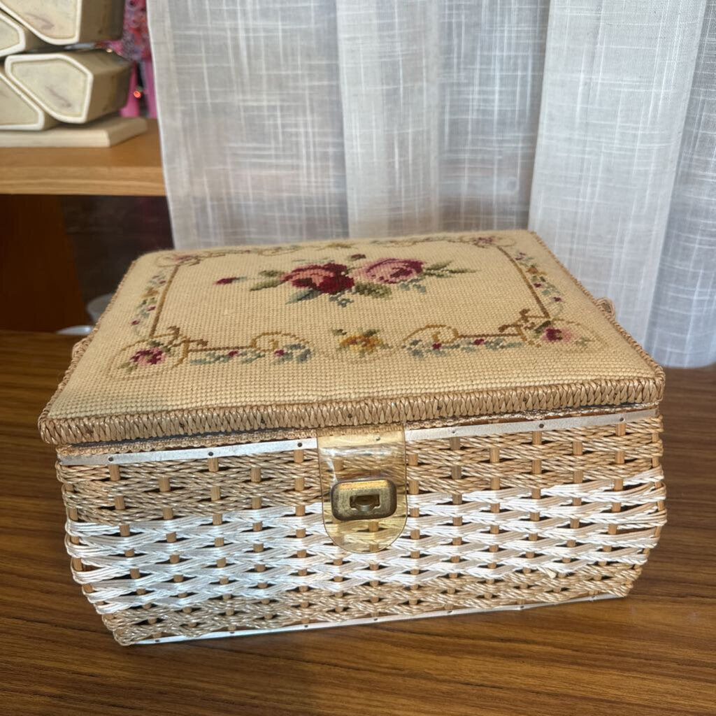 Vintage Needlepoint Sewing Box w/Vintage Pin Cushion, etc. -Japan