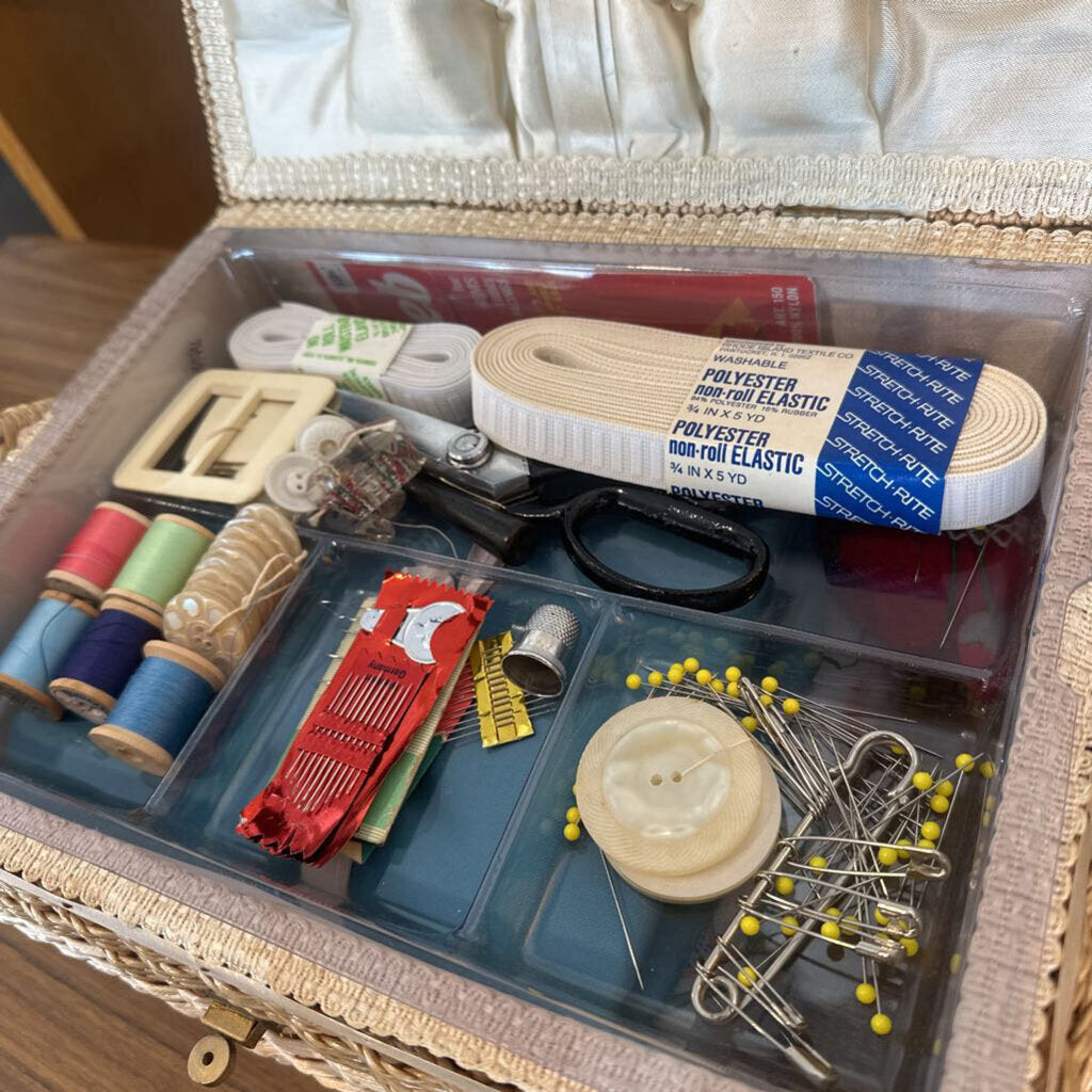 Vintage Needlepoint Sewing Box w/Vintage Pin Cushion, etc. -Japan