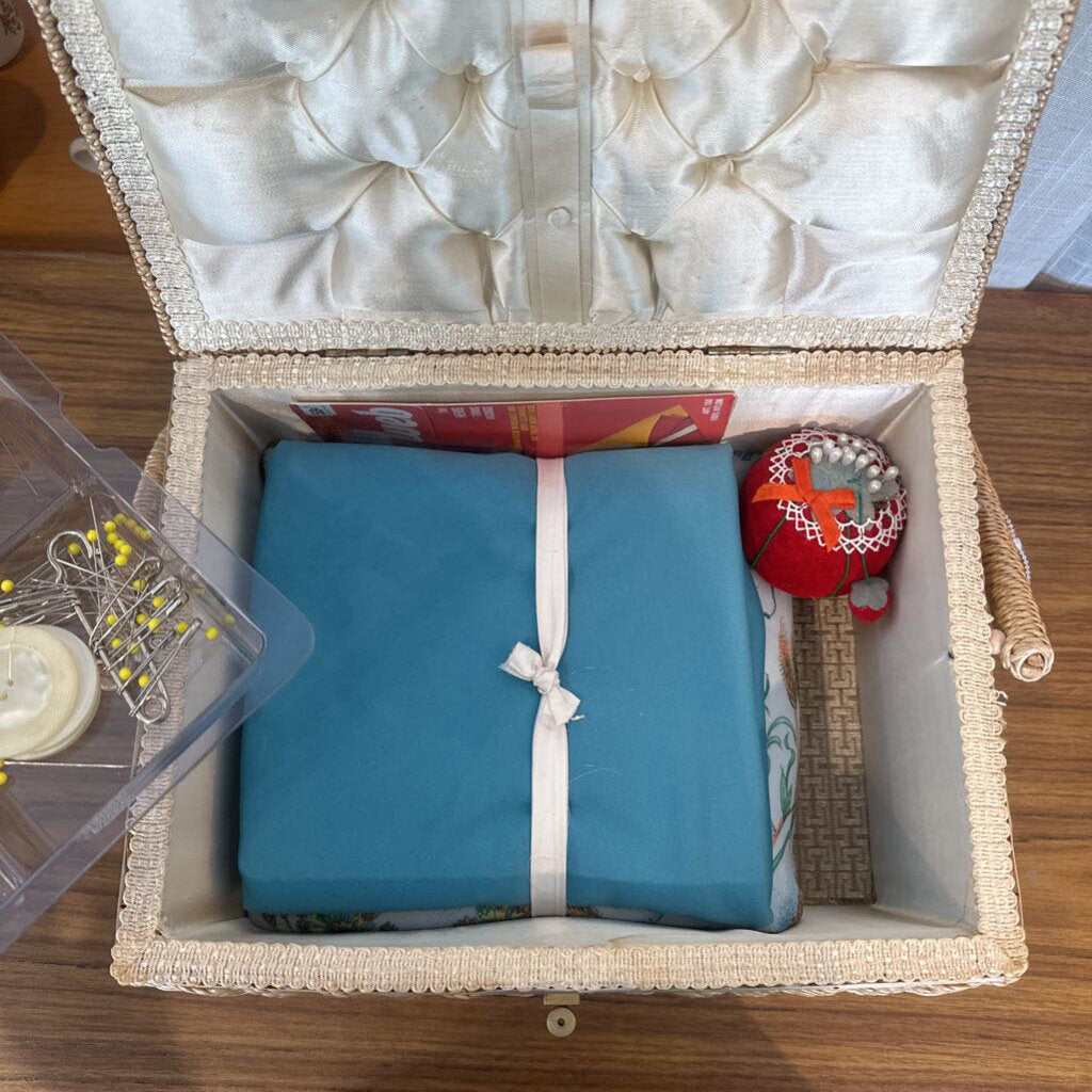 Vintage Needlepoint Sewing Box w/Vintage Pin Cushion, etc. -Japan