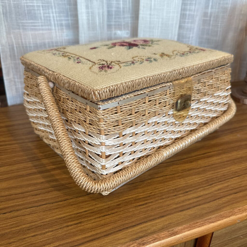 Vintage Needlepoint Sewing Box w/Vintage Pin Cushion, etc. -Japan